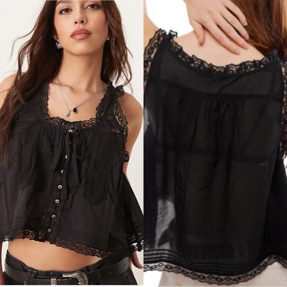 FREE PEOPLE Evermore Lace Button Down Ruffle Black Cami Tank Top - Picture 2 of 8
